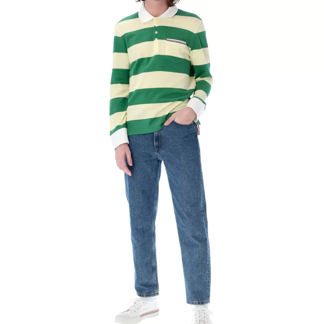 Long Sleeve Pocket Polo In Rugby Stripe Pique