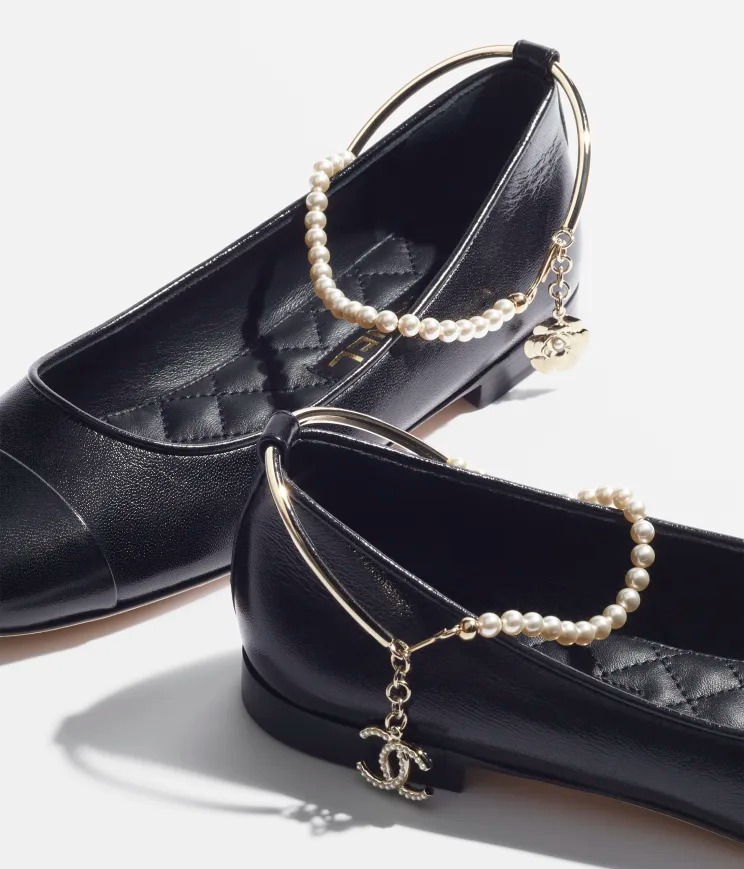 Chanel Ballerina Flat Shiny Lambskin Metal Imitation Pearls & Black