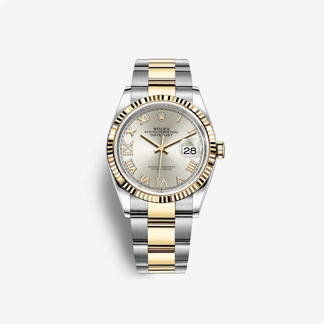 Rolex Datejust 36 Silver Roman Diamond-Set 126233 (Fluted/Oyster)