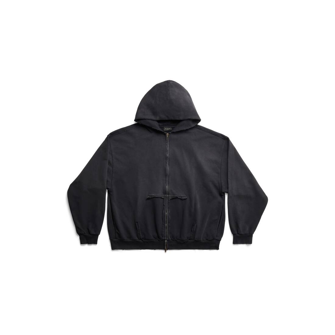 TAPE TYPE RIPPED POCKET LARGE FIT ZIP-UP HOODIE IN FADE BLACK