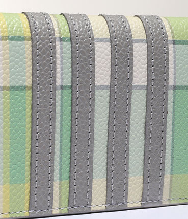 Thom Browne Madras Print on Pebble Grain Leather 4 Bar Applique Stripe Double Card Holder Pastel Green