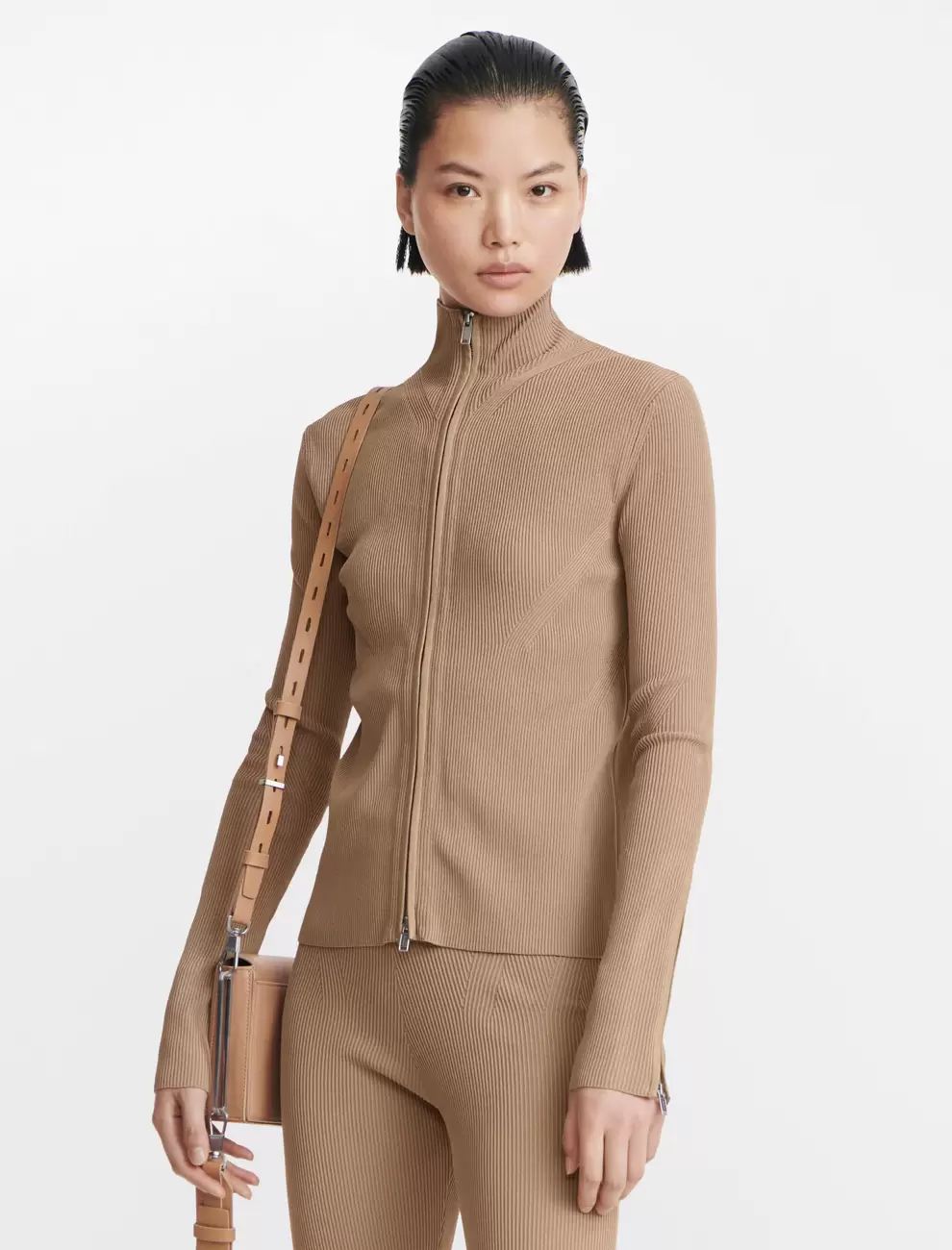 ANGLED RIB ZIP-UP - SAFARI CAMEL