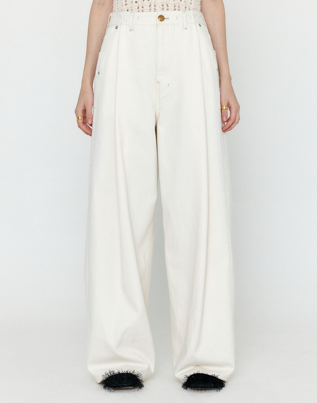 WJEAN Folded Front Wide Denim Pants - Ivory 