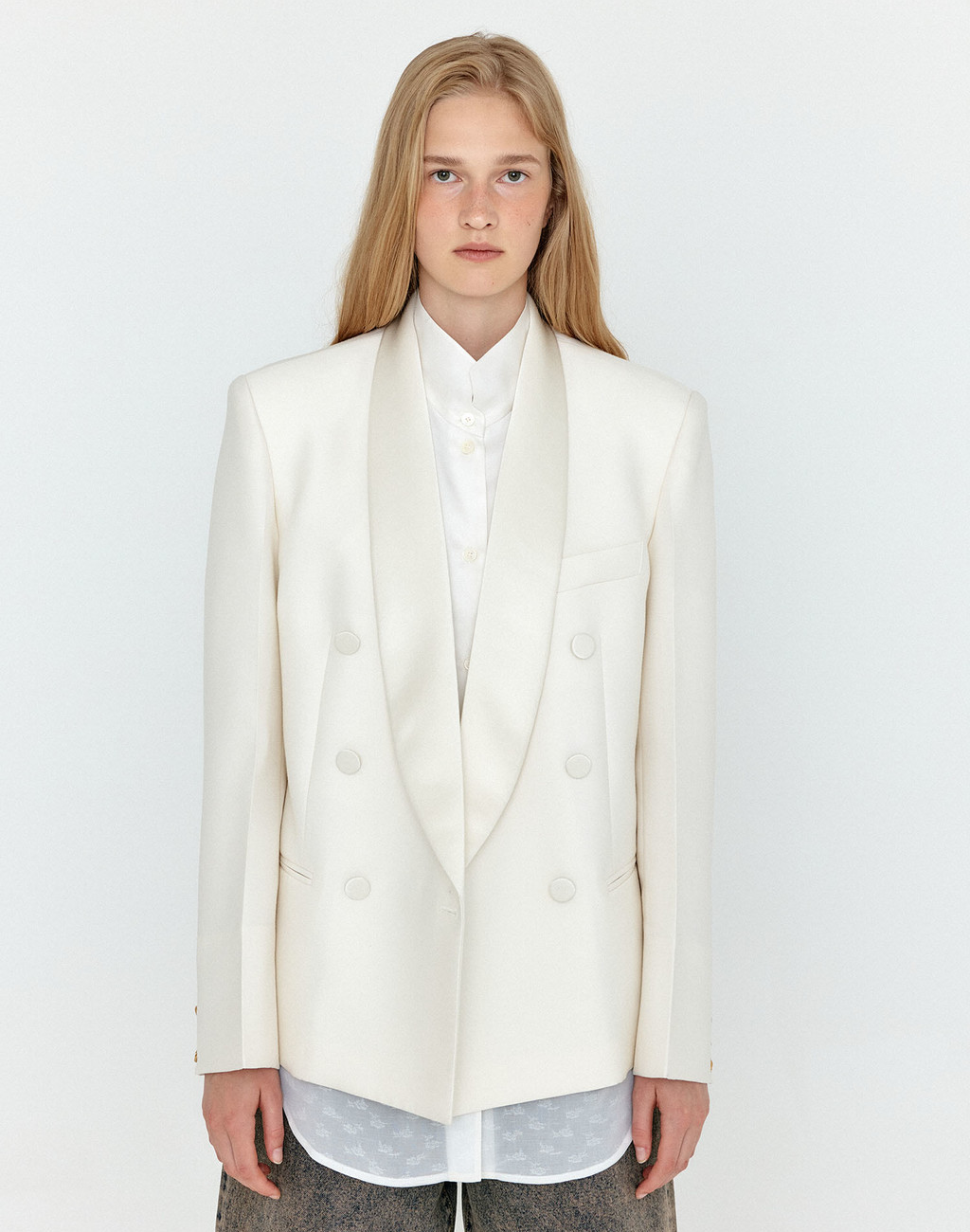 WELL Double-Breasted Tuxedo Blazer - Ivory