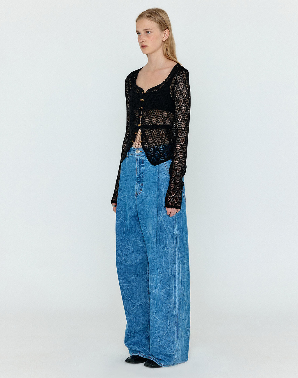 WJEAN Folded Front Wide Denim Pants - Denim Blue 