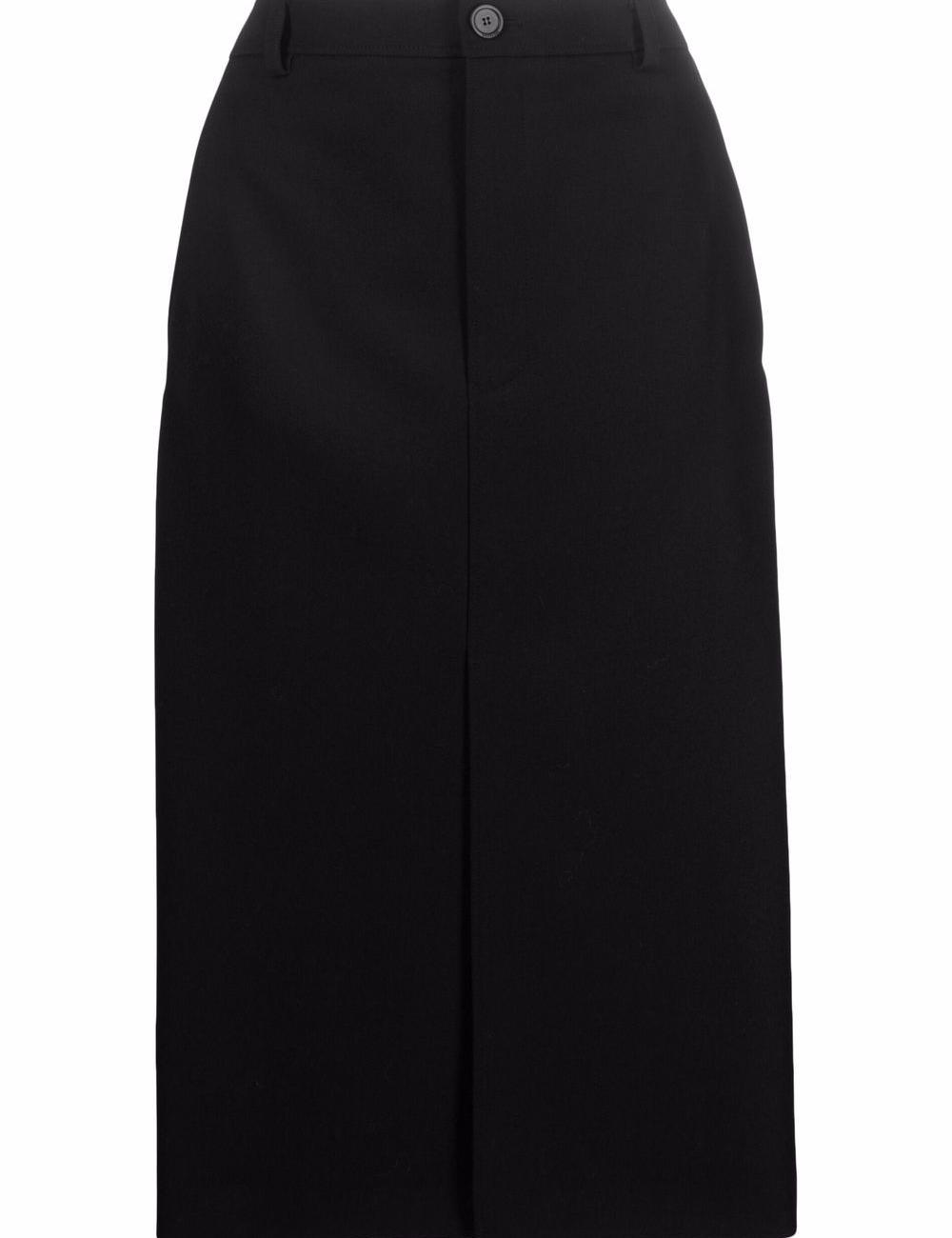Virgin wool midi skirt with slanted pocket and viscose satin panel