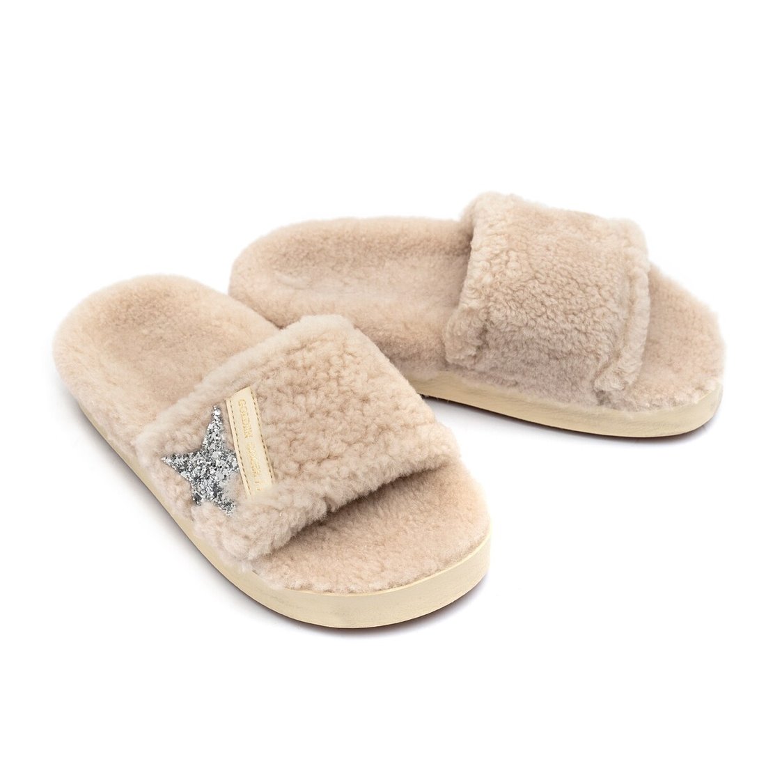 Beige shearling Poolstars with silver glitter star