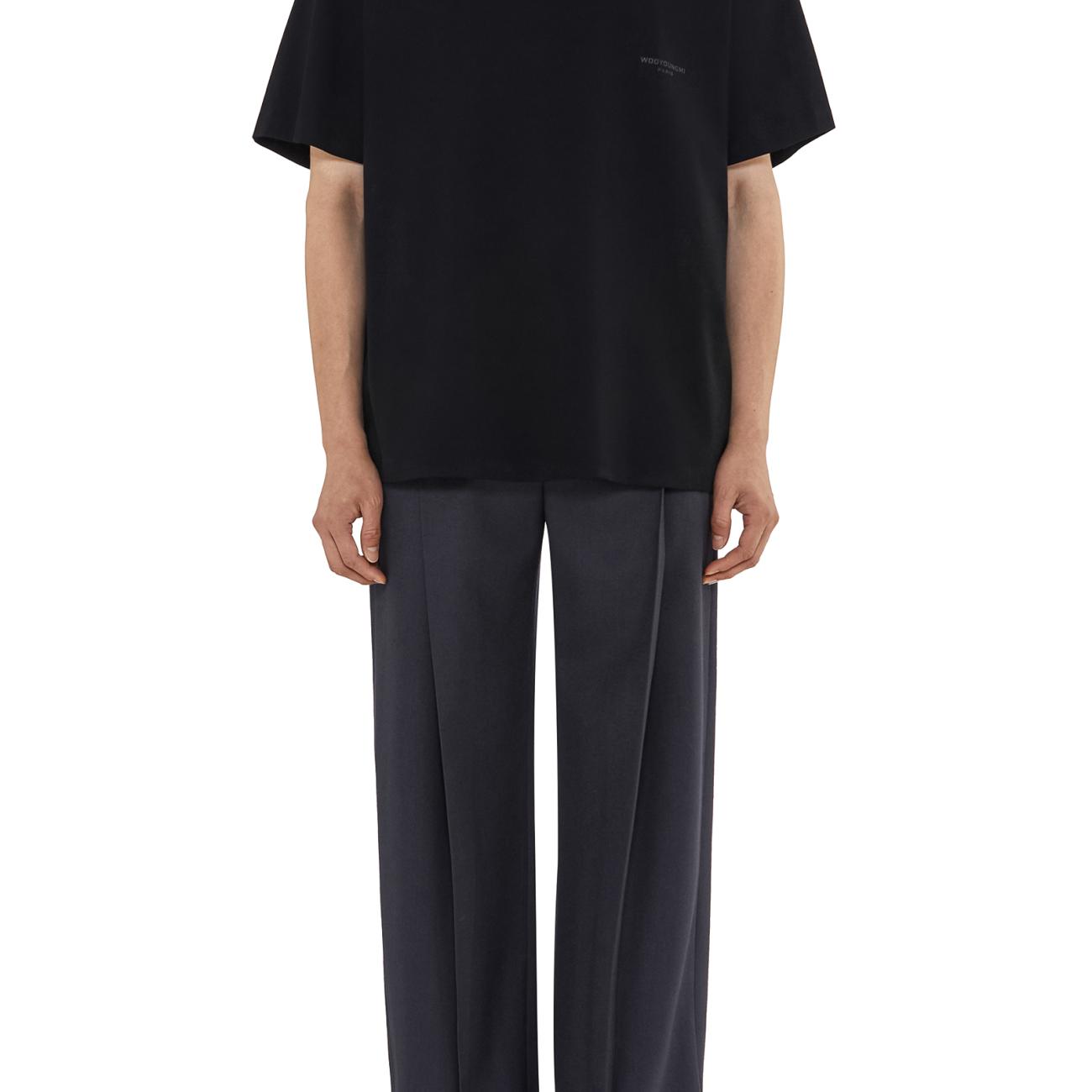 BLACK COTTON AND LEATHER PATCH T-SHIRT