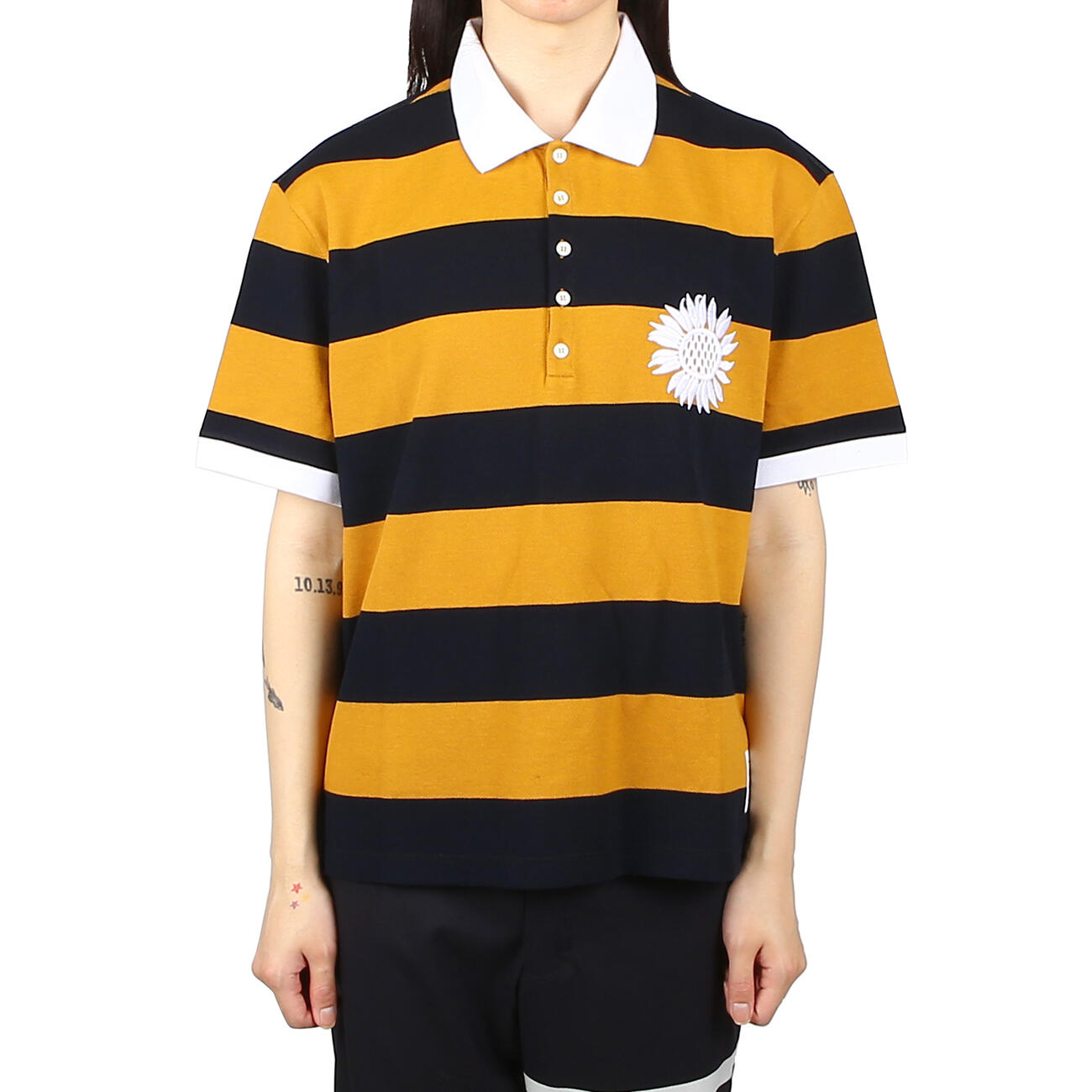 FLOWER EMBROIDERED RUGBY STRIPE SHORT SLEEVE KARATEI