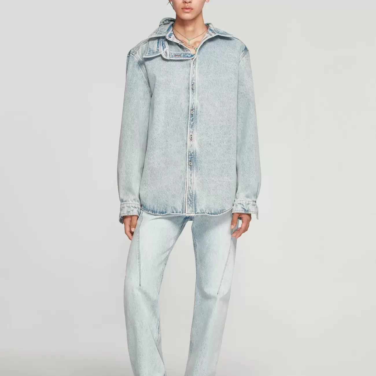 Double Collar Denim Overshirt Light Blue