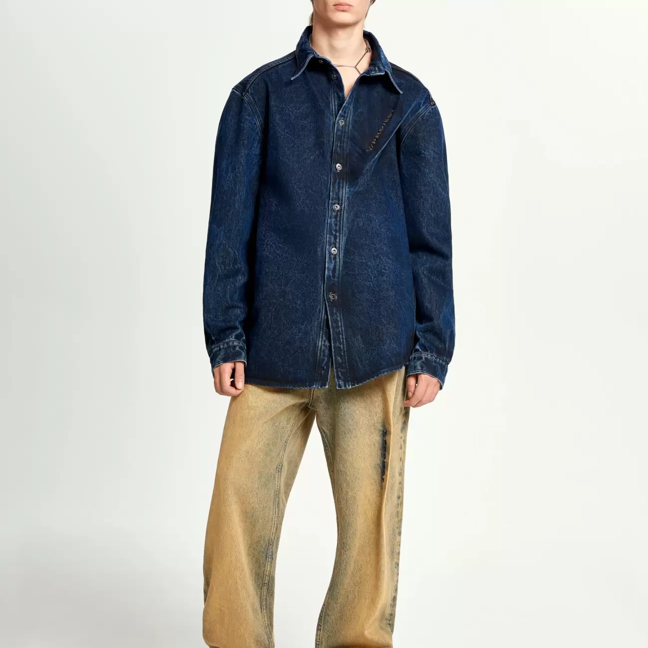 Pinched Logo Denim Shirt Male