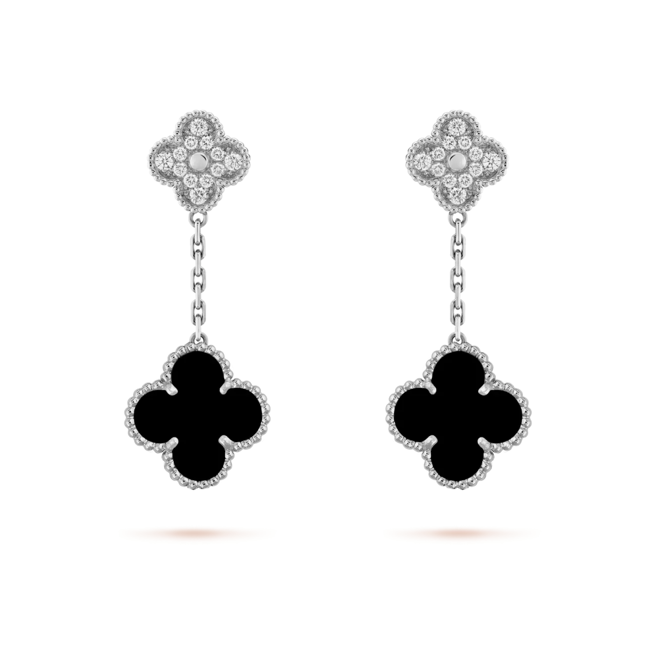 Magic Alhambra earrings, 2 motifs white gold, diamonds and onyx