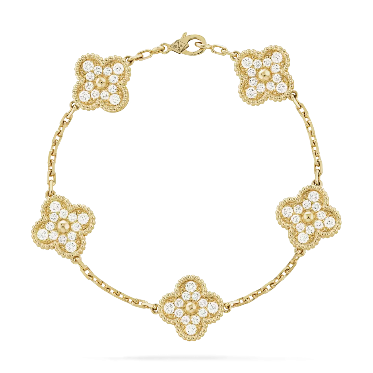 Vintage Alhambra bracelet, 5 motifs, 18K yellow gold, round diamonds