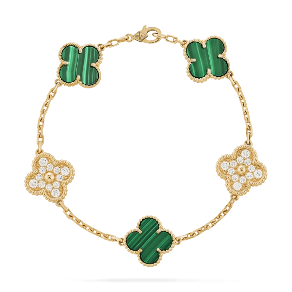 Vintage Alhambra bracelet, 5 motifs yellow gold, diamonds and malachites