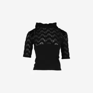 KYO Women Lace Knit Cut-Out Hoody T-Shirt Black