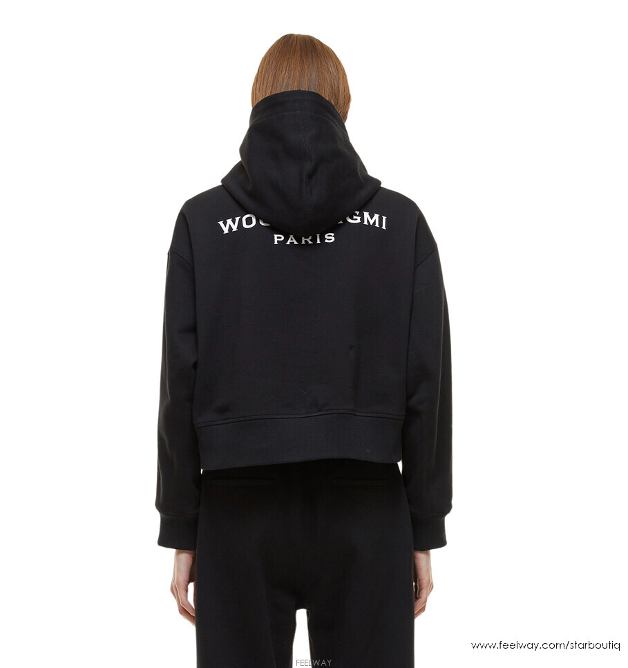 (W) Wooyoungmi Cotton Back Logo Cropped Hoodie Black