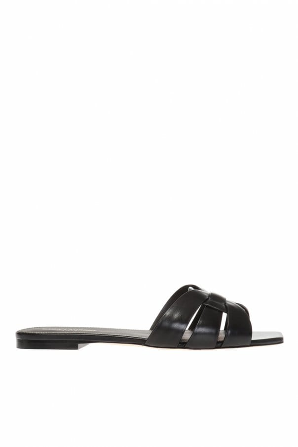 SAINT LAURENT BLACK ‘TRIBUTE’ LEATHER SLIDES