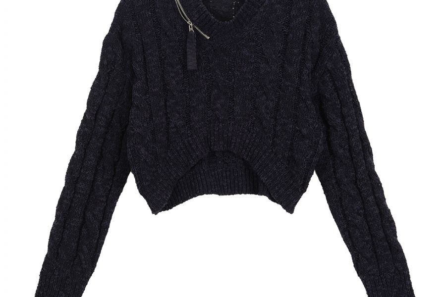 V NECK ZIP CROP KNIT PULLOVER IN NAVY