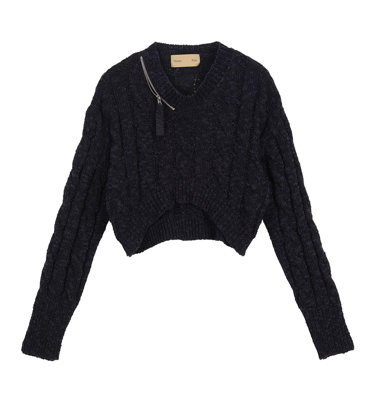 V NECK ZIP CROP KNIT PULLOVER IN NAVY