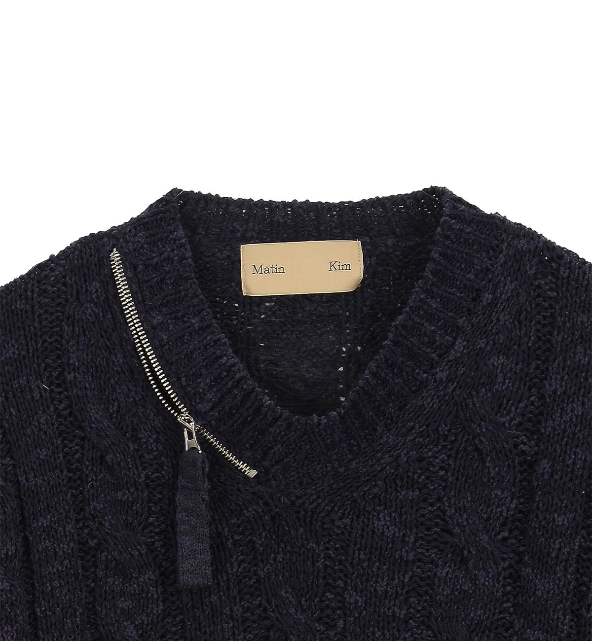 V NECK ZIP CROP KNIT PULLOVER IN NAVY