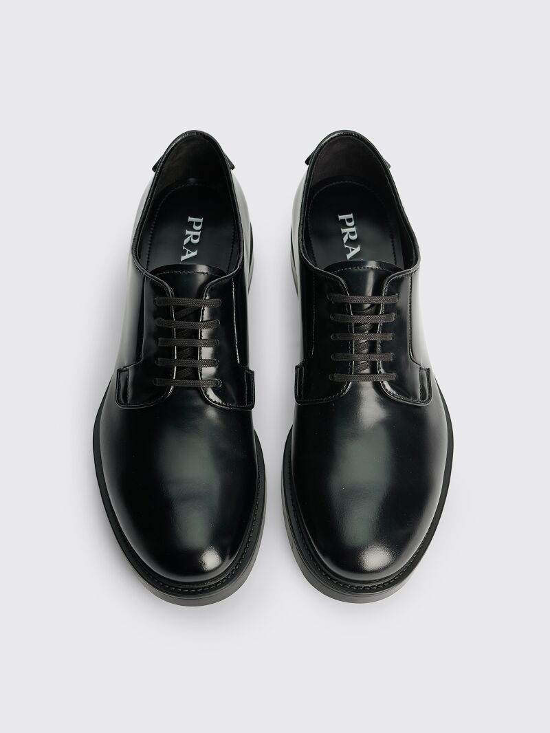 PRADA HEEL LOGO LEATHER DERBY SHOES BLACK