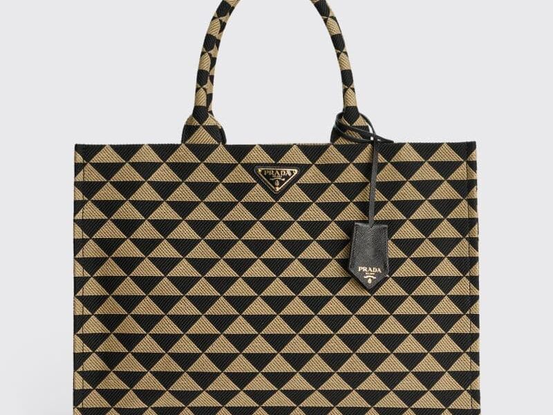 PRADA SYMBOLE EMBROIDERED FABRIC TOTE BLACK / BEIGE