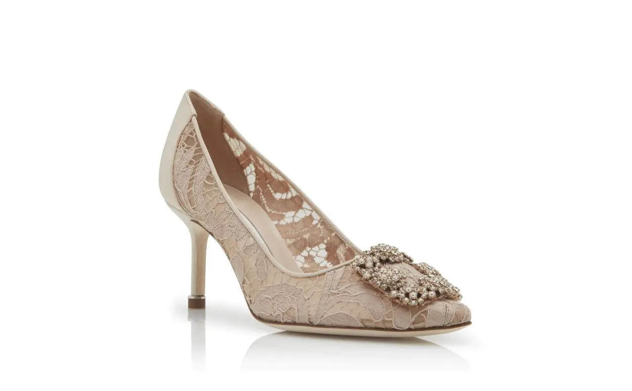 HANGISI LACE 70 Pink Champagne Lace Jewel Buckle Pumps