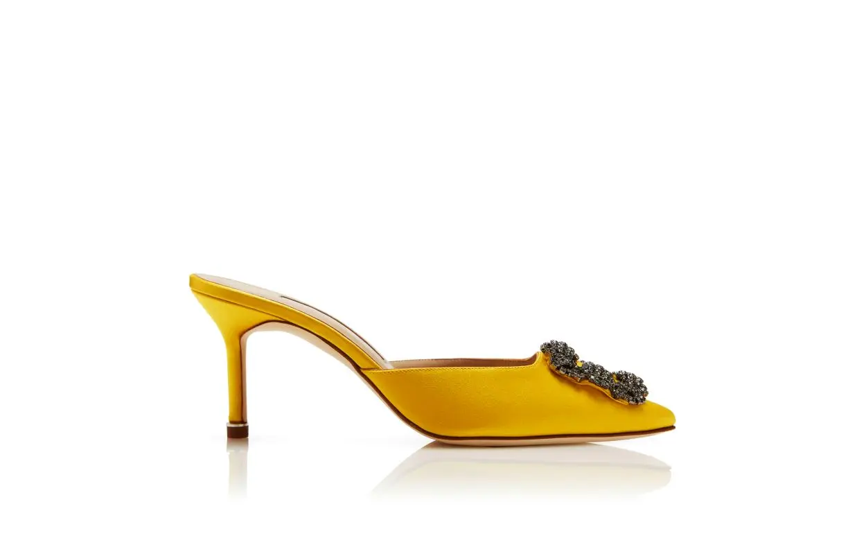 HANGISIMU Yellow Satin Jewel Buckle Mules