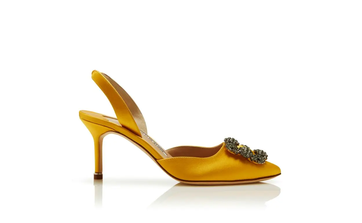 Yellow Satin Jewel Buckle Slingback Pumps