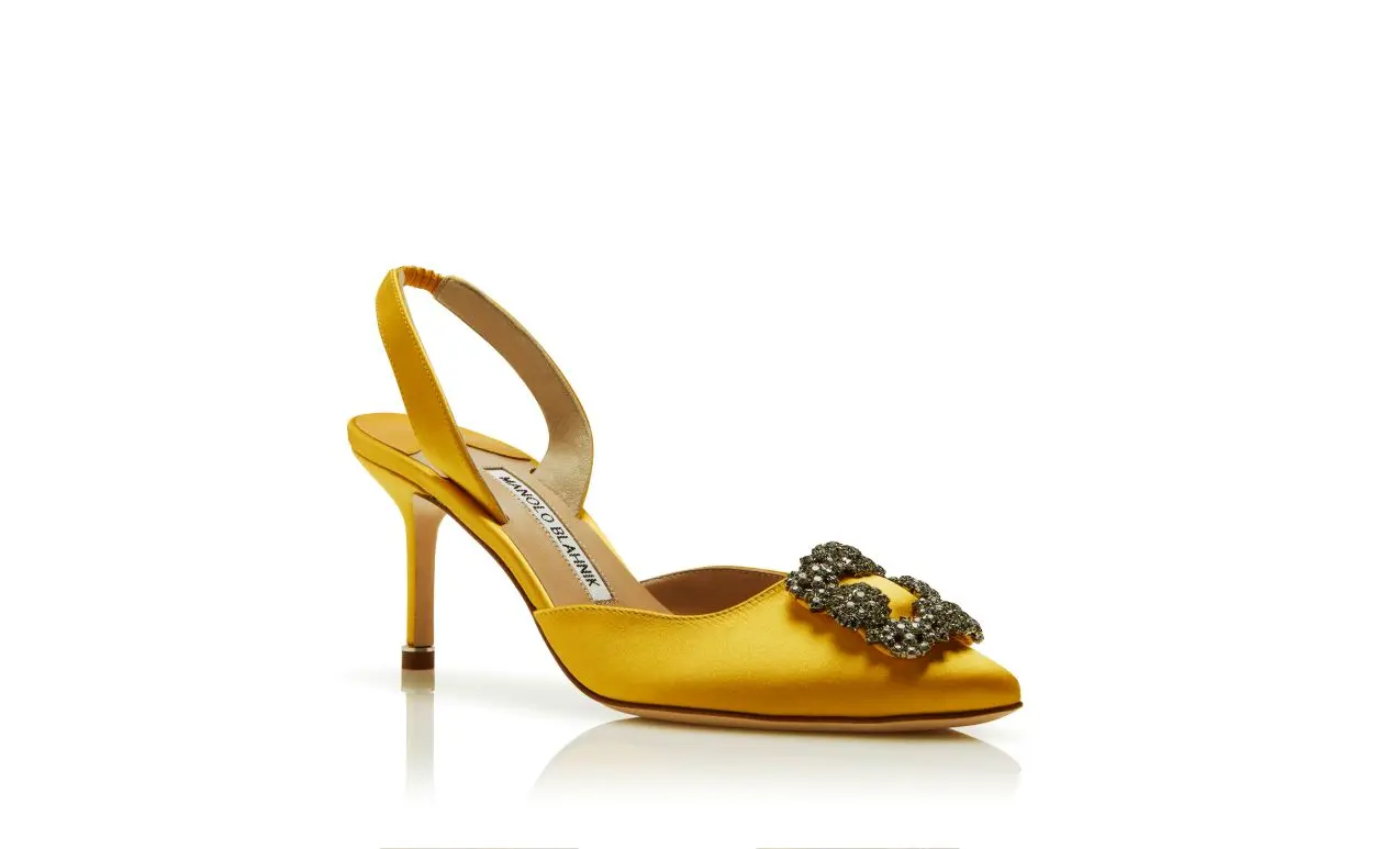 Yellow Satin Jewel Buckle Slingback Pumps