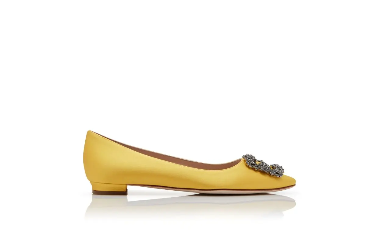  Yellow Satin Jewel Buckle Flat Shoes