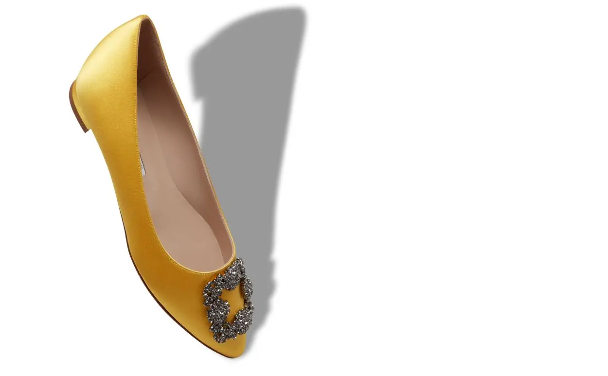  Yellow Satin Jewel Buckle Flat Shoes