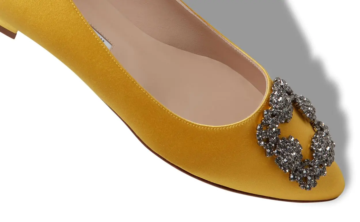  Yellow Satin Jewel Buckle Flat Shoes