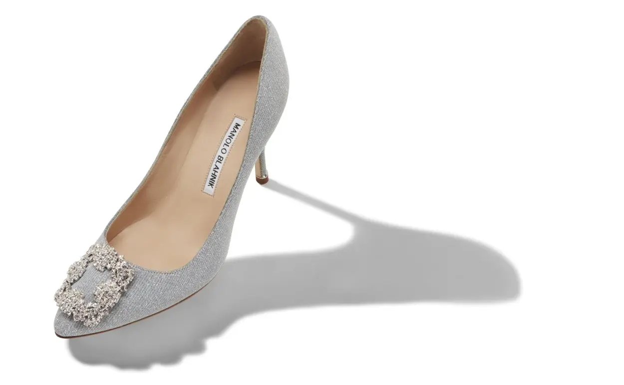 Silver Glitter Fabric Jewel Buckle Pumps