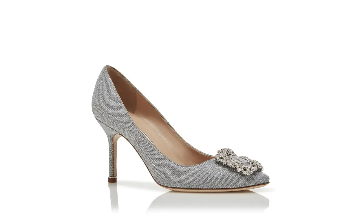 Silver Glitter Fabric Jewel Buckle Pumps