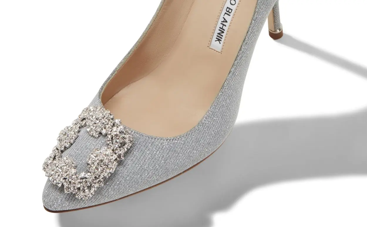 Silver Glitter Fabric Jewel Buckle Pumps