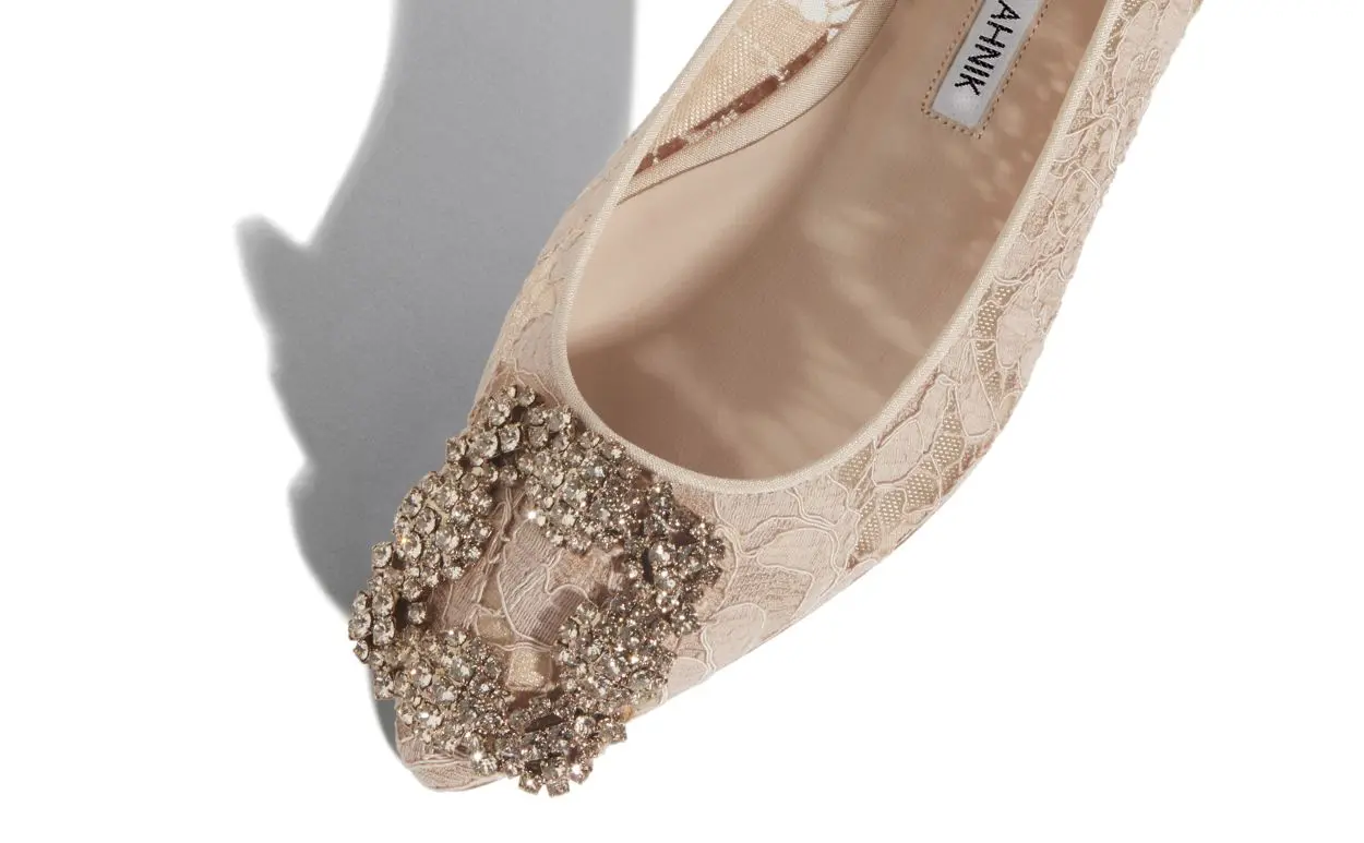 Pink Champagne Lace Jewel Buckle Flat Shoes