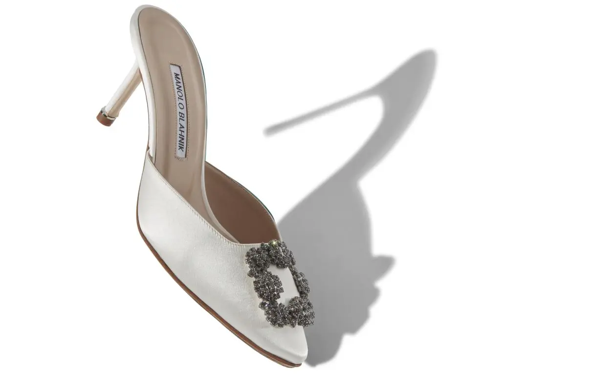 Off-White Satin Jewel Buckle Mules