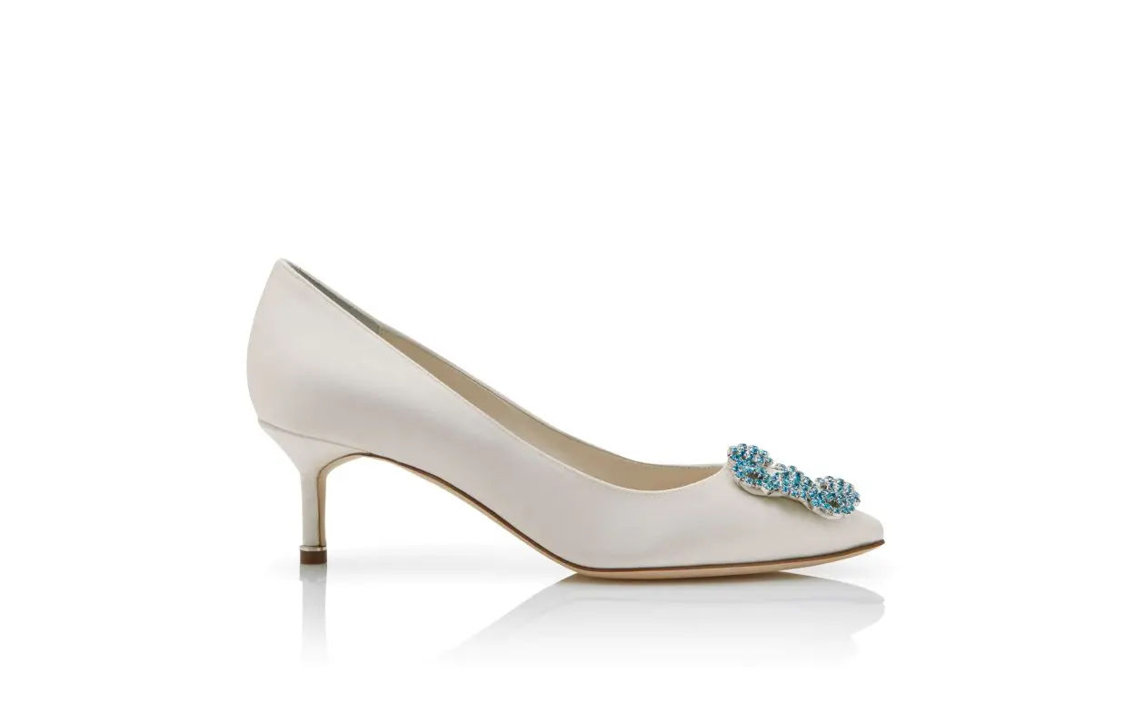 White Satin Jewel Buckle Pumps