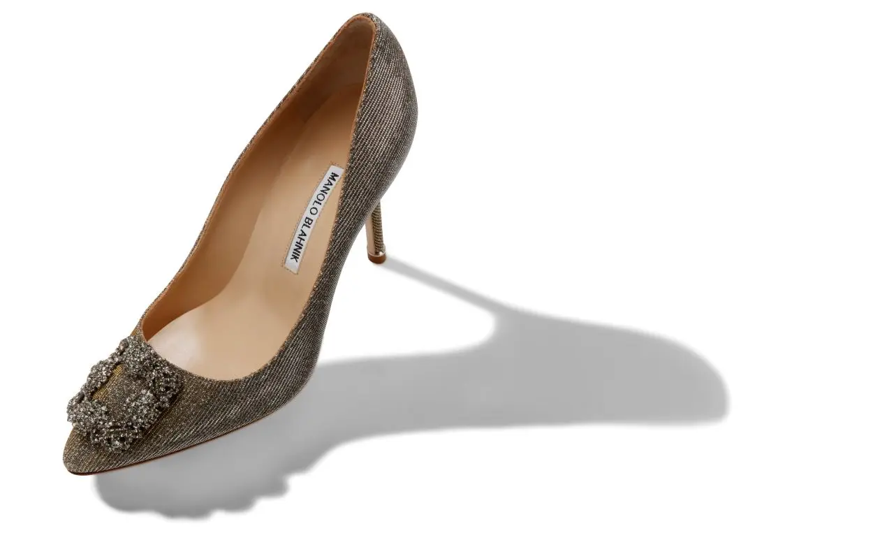 Gold Glitter Fabric Jewel Buckle Pumps