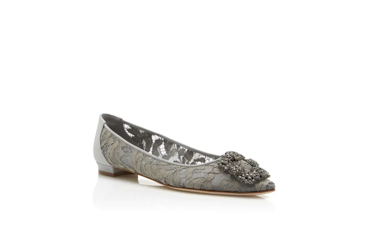 HANGISIFLAT LACE Grey Lace Jewel Buckle Flat Shoes