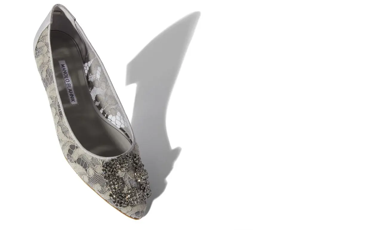 HANGISIFLAT LACE Grey Lace Jewel Buckle Flat Shoes