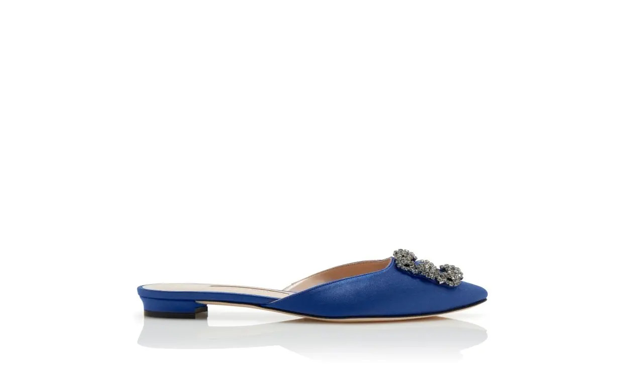 HANGISIMUFLAT Blue Satin Jewel Buckle Flat Mules