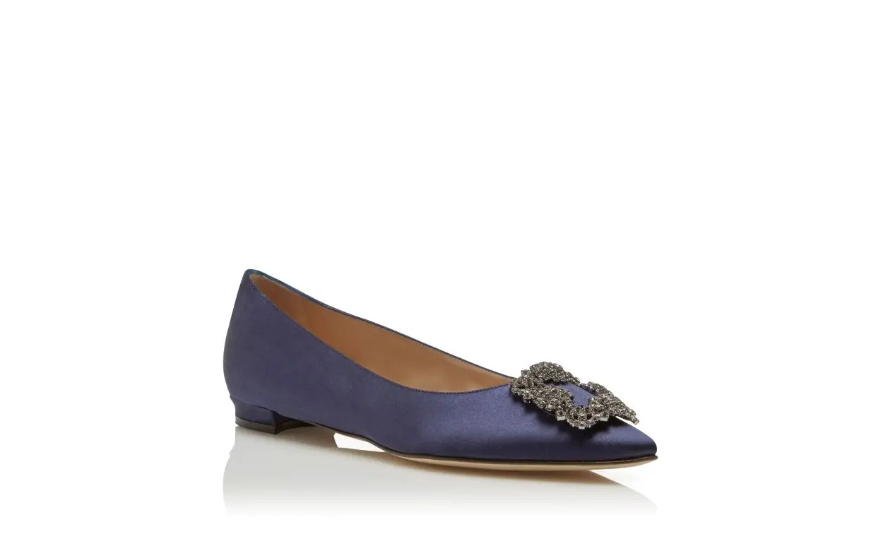 HANGISIFLAT Navy Satin Jewel Buckle Flat Shoes