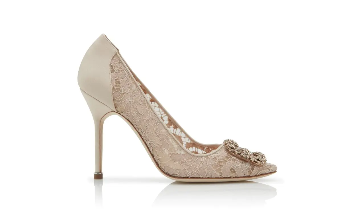 HANGISI LACE Pink Champagne Lace Jewel Buckle Pumps