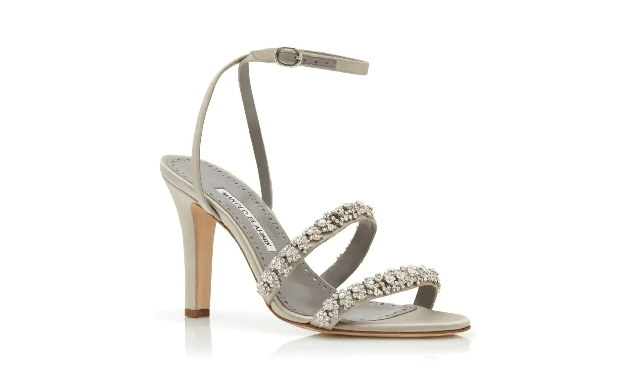 VEDADA LIGHT GREY SATIN CRYSTAL EMBELLISHED SANDALS