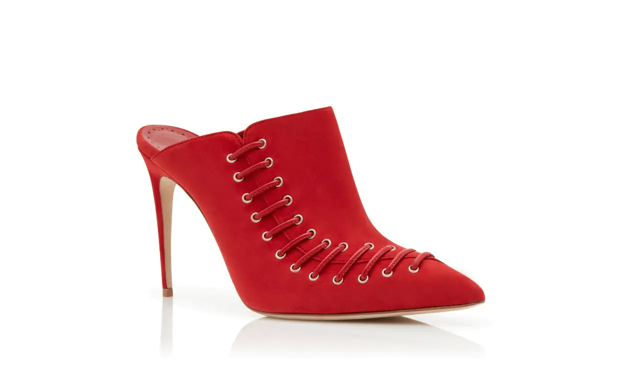 DOBRE RED SUEDE LACE DETAIL MULES