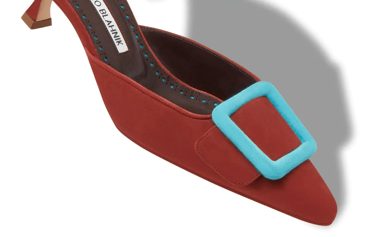 MAYSALEBI RED AND LIGHT BLUE SUEDE BUCKLE MULES 