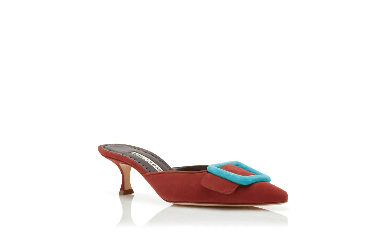 MAYSALEBI RED AND LIGHT BLUE SUEDE BUCKLE MULES 