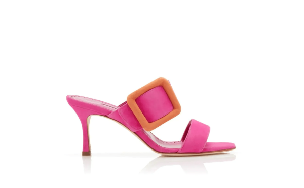 GABLE BRIGHT PINK AND ORANGE SUEDE BUCKLE STRAPPY MULES